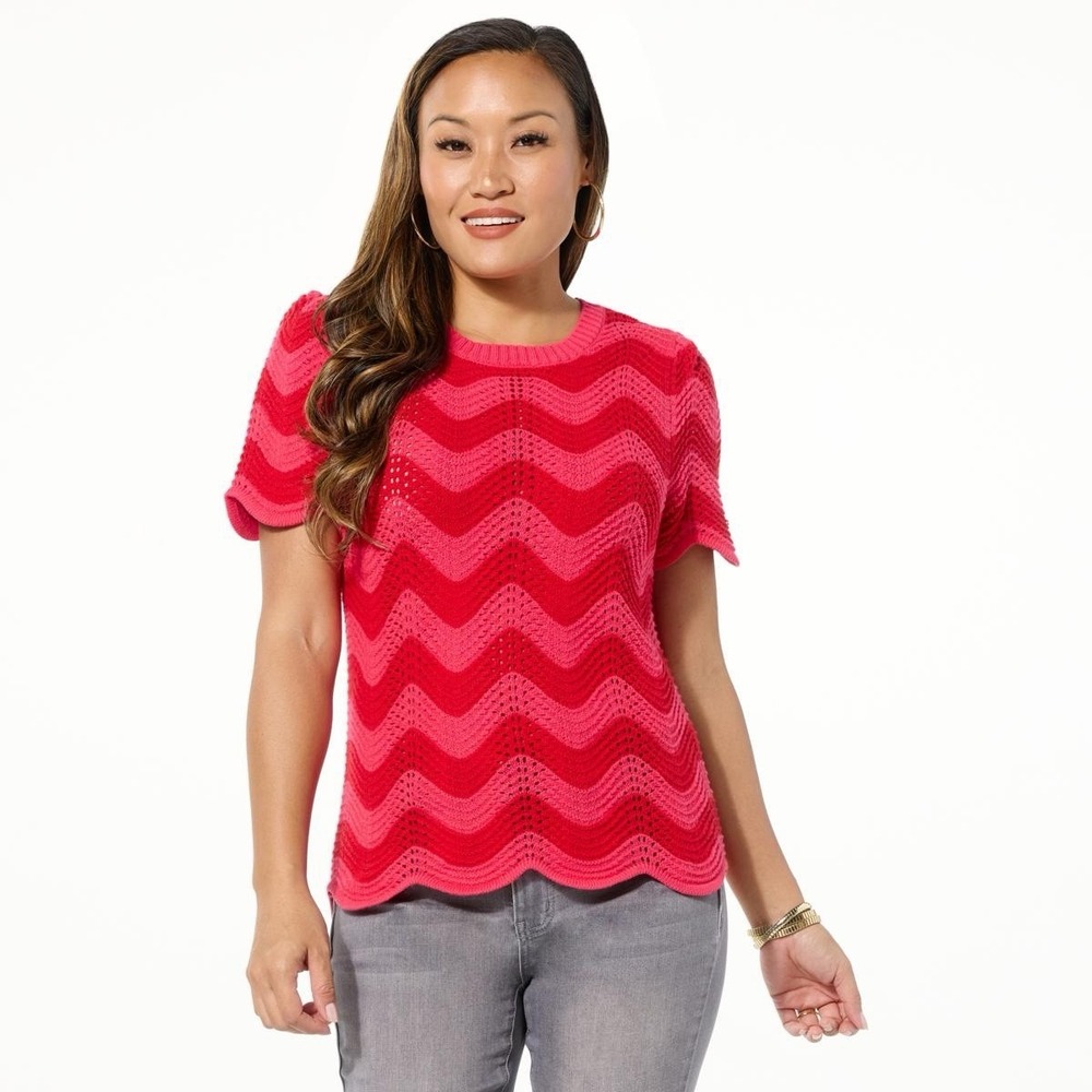 Women‎ Knit Top Red Pink Valentine Scallop Stripe Maximalist Preppy Wavy Girly